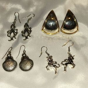 Lot 4 pair silvertone earrings Octopus unicorn shell vintage 80s domed
